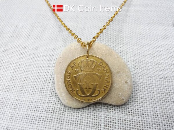 Denmark 1939 coin necklace. 85 year old golden initial C coin pendant with Danish Royal Crown 2 krone. 85th birthday gift. Antique souvenir