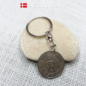 Denmark 1953 coin keychain with 71 year old Crown R initial 25 ore as coin pendant