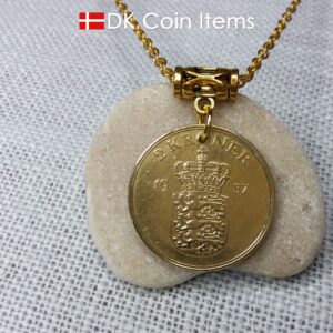 Denmark 1957 coin necklace with 67 year old golden Coat of Arms coin pendant with Royal Crown 2 krone. 67th birthday gift. Vintage souvenir