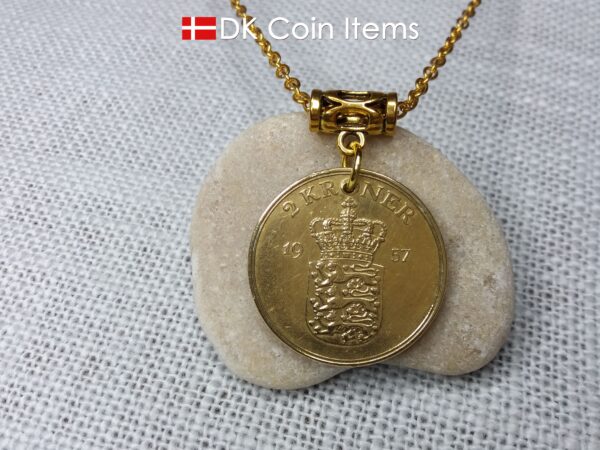 Denmark 1957 coin necklace with 67 year old golden Coat of Arms coin pendant with Royal Crown 2 krone. 67th birthday gift. Vintage souvenir