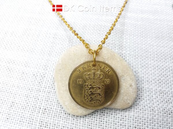 Denmark 1957 coin necklace. 67 year old golden Coat of Arms coin pendant with Royal Crown 2 kroner. 67th birthday gift. Vintage souvenir