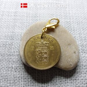 Denmark 1957 coin charm. 67 year old golden Coat of Arms with Royal Crown 2 kroner coin pendant. 67th birthday gift. Vintage souvenir