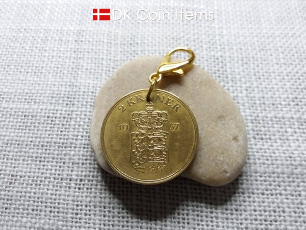 Denmark 1957 coin charm. 67 year old golden Coat of Arms with Royal Crown 2 kroner coin pendant. 67th birthday gift. Vintage souvenir