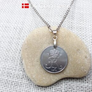 Denmark 1971 coin necklace. Crown R initial on 53 year old 2 ore as coin pendant. 53rd birthday gift. Danish vintage souvenir