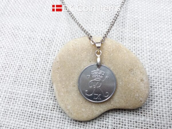 Denmark 1971 coin necklace. Crown R initial on 53 year old 2 ore as coin pendant. 53rd birthday gift. Danish vintage souvenir