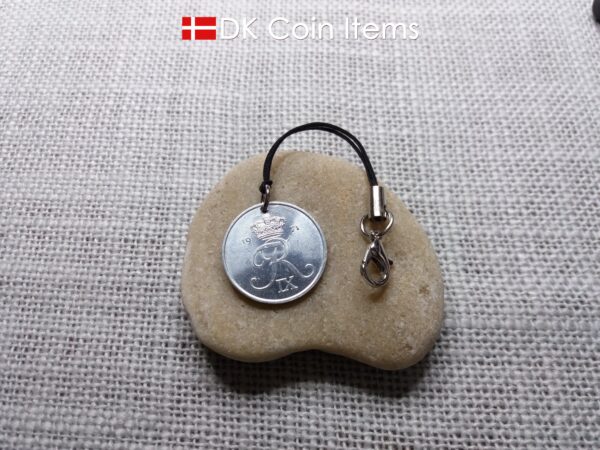 Denmark 1971 coin charm with 53 year old Crown R initial 2 ore as coin pendant. 53rd birthday gift. Danish vintage souvenir