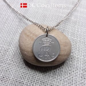 Denmark 1969 coin necklace with 55 year old Crown R initial 2 ore as coin pendant. 55th birthday gift. Danish vintage souvenir