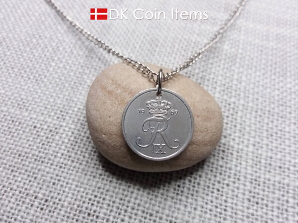 Denmark 1969 coin necklace with 55 year old Crown R initial 2 ore as coin pendant. 55th birthday gift. Danish vintage souvenir