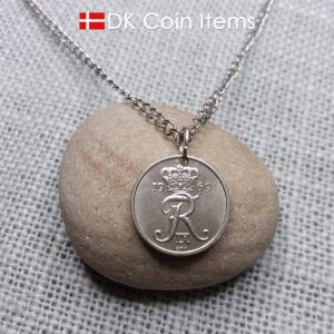 Denmark 1969 coin necklace with 55 year old Crown R initial 10 ore as coin pendant. 55th birthday gift. Danish vintage souvenir