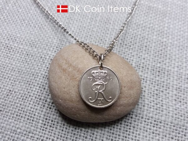 Denmark 1969 coin necklace with 55 year old Crown R initial 10 ore as coin pendant. 55th birthday gift. Danish vintage souvenir