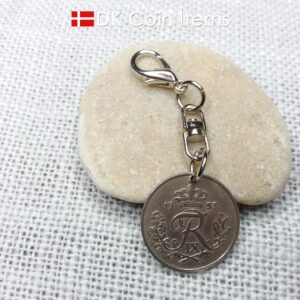 Denmark 1953 coin charm with 71 year old Crown R initial 25 ore as coin pendant