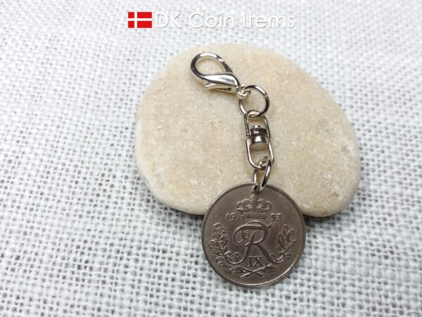 Denmark 1953 coin charm with 71 year old Crown R initial 25 ore as coin pendant