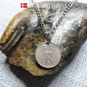 Denmark 1961 coin necklace with 63 year old Crown R initial 10 ore as coin pendant. 63rd birthday gift. Danish vintage souvenir