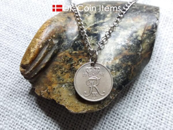 Denmark 1961 coin necklace with 63 year old Crown R initial 10 ore as coin pendant. 63rd birthday gift. Danish vintage souvenir