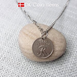 Denmark 1964 coin necklace with 60 year old Crown R initial 10 ore as coin pendant. 60th birthday gift. Danish vintage souvenir