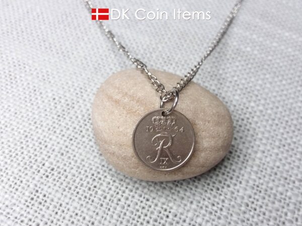 Denmark 1964 coin necklace with 60 year old Crown R initial 10 ore as coin pendant. 60th birthday gift. Danish vintage souvenir