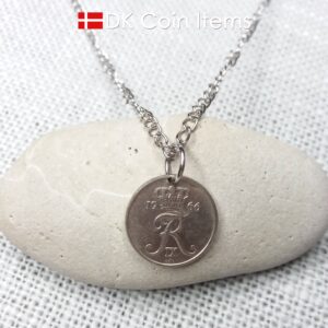 Denmark 1966 coin necklace with 58 year old Crown R initial 10 ore as coin pendant. 58th birthday gift. Danish vintage souvenir