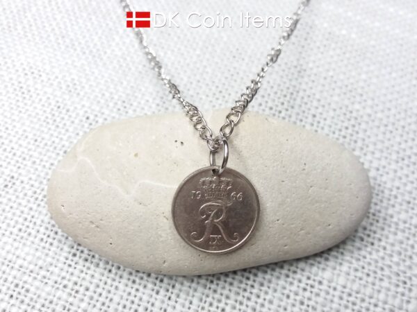 Denmark 1966 coin necklace with 58 year old Crown R initial 10 ore as coin pendant. 58th birthday gift. Danish vintage souvenir