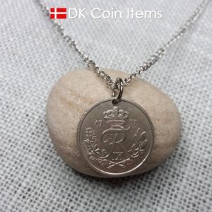 Denmark 1957 coin necklace with 67 year old Crown R initial 25 ore as coin pendant. 67th birthday gift. Danish vintage souvenir