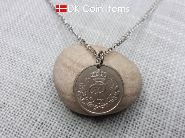 Denmark 1957 coin necklace with 67 year old Crown R initial 25 ore as coin pendant. 67th birthday gift. Danish vintage souvenir