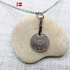 Denmark 1971 coin necklace with 53 year old Crown R initial 10 ore as coin pendant. 53rd birthday gift. Danish vintage souvenir