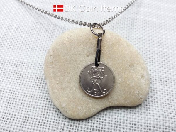 Denmark 1971 coin necklace with 53 year old Crown R initial 10 ore as coin pendant. 53rd birthday gift. Danish vintage souvenir