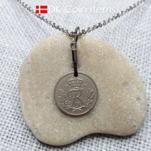 Denmark 1950 coin necklace with 74 year old Crown R initial 10 ore as coin pendant. 74th birthday gift. Danish vintage souvenir