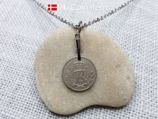 Denmark 1950 coin necklace with 74 year old Crown R initial 10 ore as coin pendant. 74th birthday gift. Danish vintage souvenir