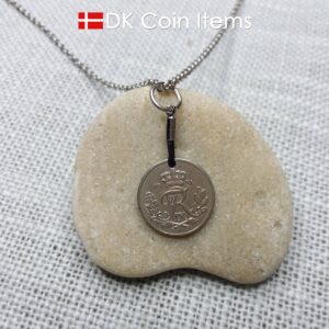 Denmark 1951 coin necklace with 73 year old Crown R initial 10 ore as coin pendant. 73rd birthday gift. Danish vintage souvenir