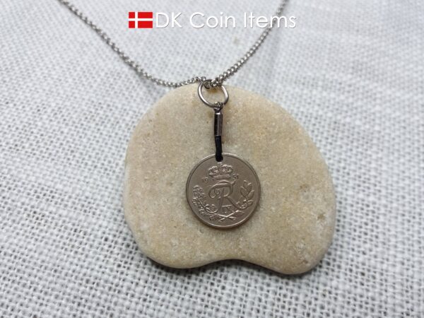 Denmark 1951 coin necklace with 73 year old Crown R initial 10 ore as coin pendant. 73rd birthday gift. Danish vintage souvenir