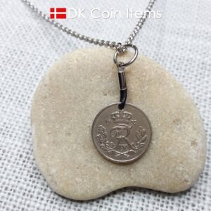 Denmark 1952 coin necklace with 72 year old Crown R initial 10 ore as coin pendant. 72nd birthday gift. Danish vintage souvenir