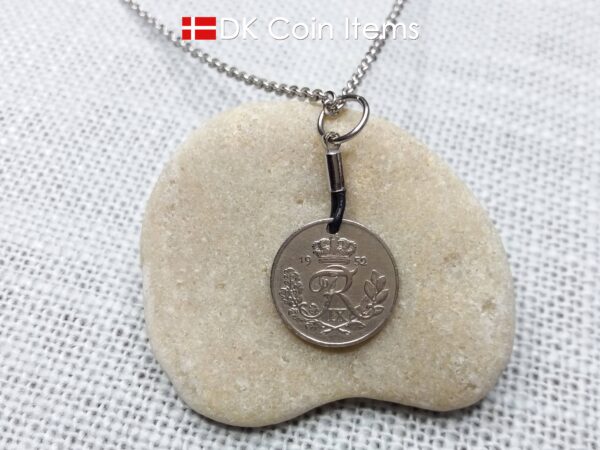 Denmark 1952 coin necklace with 72 year old Crown R initial 10 ore as coin pendant. 72nd birthday gift. Danish vintage souvenir