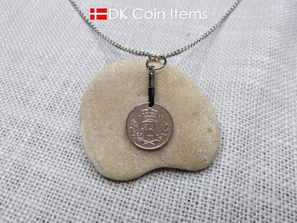 Denmark 1960 coin necklace with 64 year old Crown R initial 10 ore as coin pendant. 64th birthday gift. Danish vintage souvenir