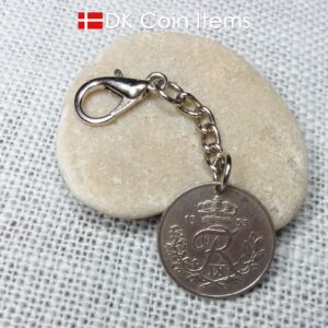 Denmark 1953 coin charm. 71 year old coin pendant. Danish 25 ore with Crown R initial