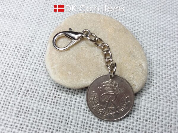 Denmark 1953 coin charm. 71 year old coin pendant. Danish 25 ore with Crown R initial