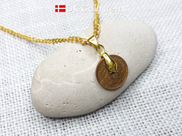 Denmark 1935 coin necklace with 89 year old Crown C initial Copper 1 ore as coin pendant