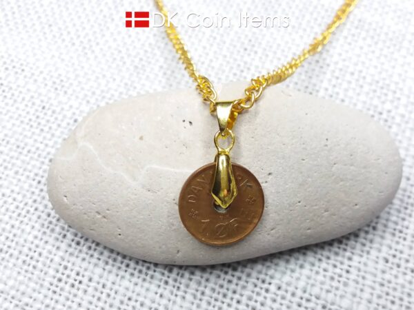 Denmark 1935 coin necklace with 89 year old Crown C initial Copper 1 ore as coin pendant