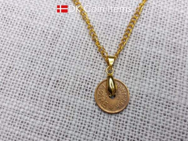 Denmark 1935 coin necklace with 89 year old Crown C initial Copper 1 ore as coin pendant