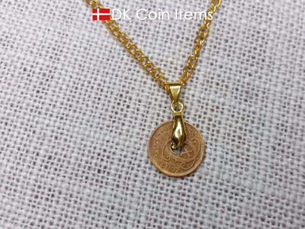 Denmark 1935 coin necklace with 89 year old Crown C initial Copper 1 ore as coin pendant