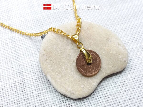 Denmark 1928 coin necklace. 96 year old coin pendant. Copper 1 ore with Crown C initial