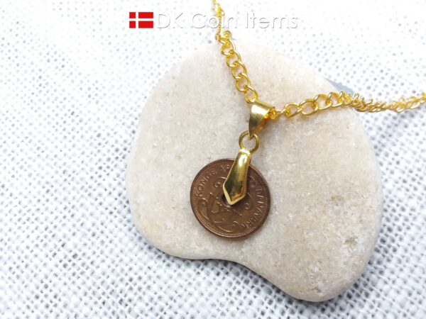 Denmark 1930 coin necklace. 94 year old coin pendant. Copper 1 ore with Crown C initial