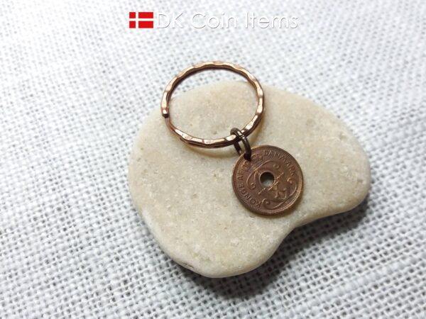 Denmark 1930 coin keychain. 94 year old Crown C initial Copper 1 ore as coin pendant