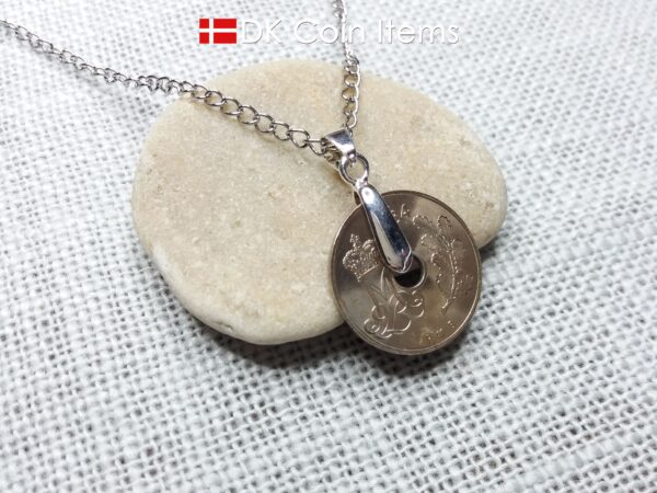 Denmark 1984 coin necklace. 40 year old coin pendant. Initial M 25 ore. Danish Crown souvenir