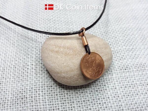 Denmark 1973 coin necklace. 51 year old coin pendant. Initial M 5 ore. 51st birthday gift. 5th anniversary gift. Danish vintage souvenir.