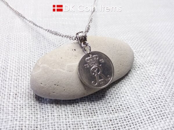 Denmark 1962 coin pendant necklace with 62 year old R initial 25 ore. 62nd birthday gift. Danish vintage souvenir gift