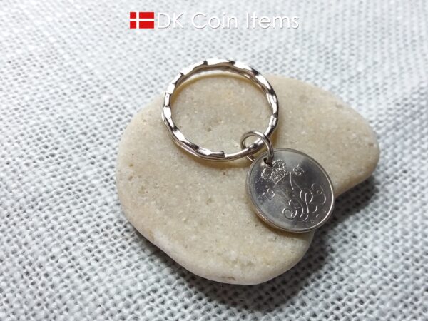 Denmark 1981 coin keychain with 43 year old M initial 10 ore as coin pendant. 43rd birthday gift. 10th anniversary gift