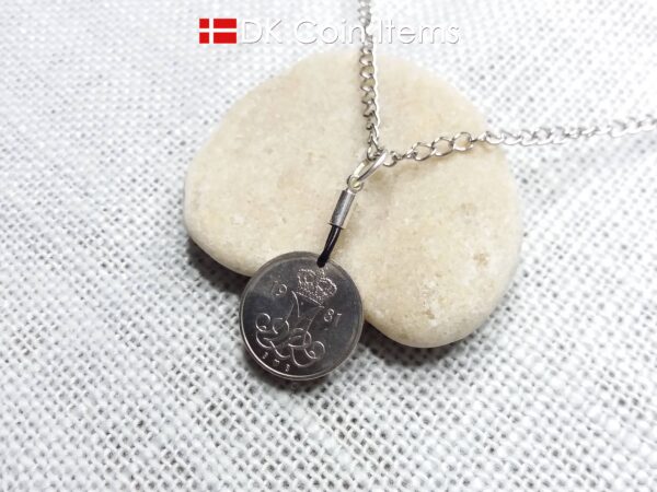 Denmark 1981 coin necklace with 43 year old M initial 10 ore as coin pendant. 43rd birthday gift. 10th anniversary gift