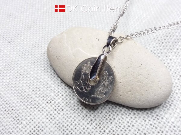 Denmark 1974 coin necklace. 50 year old coin pendant. Initial M 25 ore. Danish Crown souvenir gift