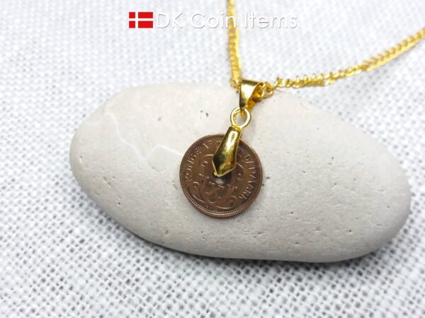 Denmark 1936 coin necklace with 88 year old Crown C initial Copper 1 ore as coin pendant