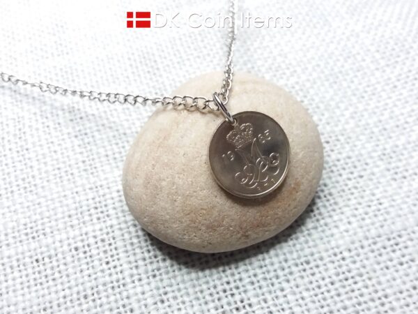 Denmark 1985 coin necklace with 39 year old M initial 10 ore as coin pendant. 39th birthday gift. 10th anniversary gift. Danish souvenir gift